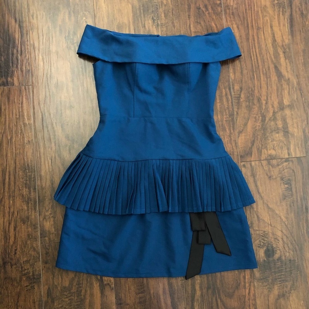 Off-The-Shoulder Pleated Peplum Dress Blue